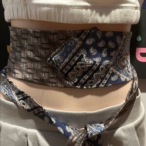 Elegant tan, gray paisley burgundy and gray Patterned obi style Women's Belt.